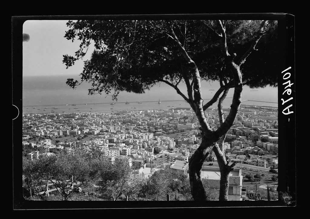 Haifa and its harbour seen from the slopes of Mount Carmel before 1948.